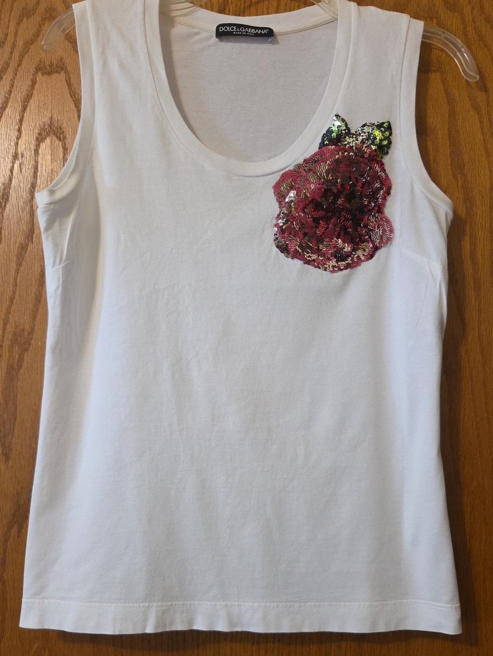 Dolce & Gabbana White Tank Top with Sequin Rose Accent